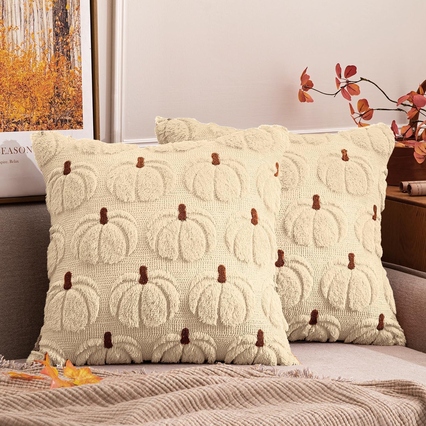 Fall Pumpkin Throw Pillow Covers Decor Set of 2 Beige Brown Stem 18 X 18 Decorative Cushion Covers Soft Plush Faux Fur Couch Pillows for Autumn Harvest Outdoor Porch Farmhouse Halloween Home