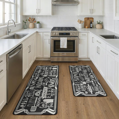 anti Fatigue Kitchen Mats for Floor, Non Slip Washable Kitchen Rules Theme Rugs Sets of 2, Farmhouse Cushioned Waterproof Comfort Runner Rug for Kitchen, Sink, Laundry, 17"X 47"+17"X 30", Black