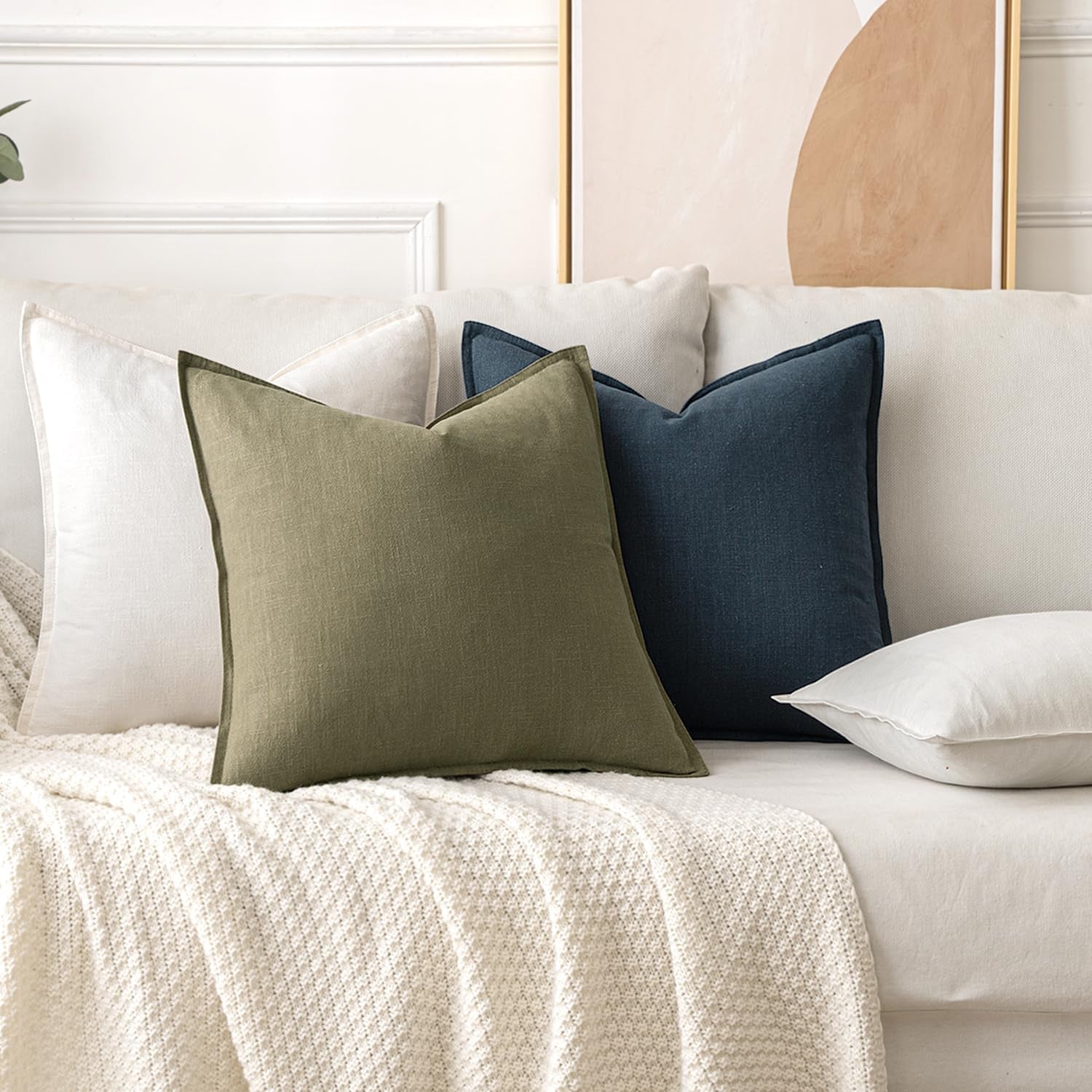 Decorative Linen Pillow Covers 18X18 Inch Cream White ​Boho Farmhouse​ ​Neutral Couch Throw Pillows Christmas for Bed Pack of 2 Accent Modern Pillowcase Sofa Livingroom Home Decor