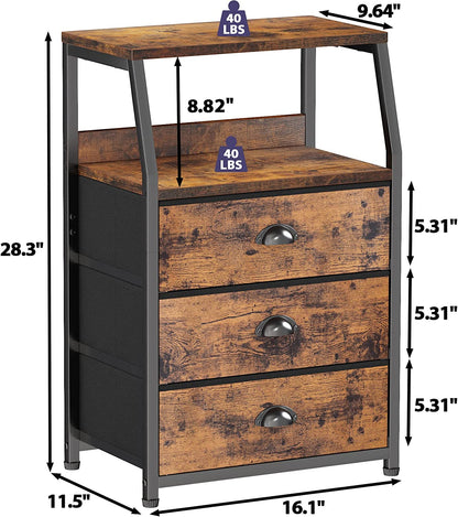 3-Drawer Nightstand with 2-Tier Shelf - Vertical Storage Organizer for Bedroom, Closet, Hallway, and Nursery - Sturdy Steel Frame with Wood Top