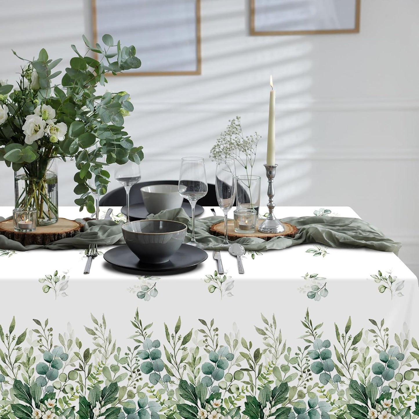 3 Pack Spring Sage Green Baby Shower Plastic Tablecloth, Eucalyptus Leaf Disposable Table Cover, Summer Rectangle Table Cloth for Bridal Baby Shower Birthday Wedding Party Decorations, 54X108 Inch