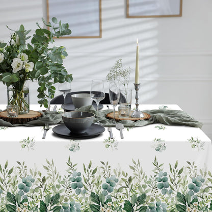 3 Pack Spring Sage Green Baby Shower Plastic Tablecloth, Eucalyptus Leaf Disposable Table Cover, Summer Rectangle Table Cloth for Bridal Baby Shower Birthday Wedding Party Decorations, 54X108 Inch