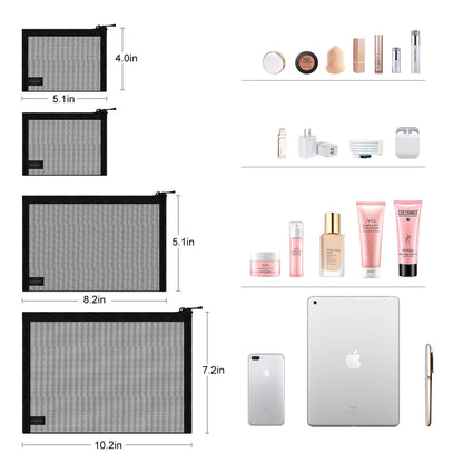 Mesh Pouch, Make up Bag with Zipper Cosmetic Organizer Pouch for Daily or Travel to Keep Small Items, 4 PCS Black