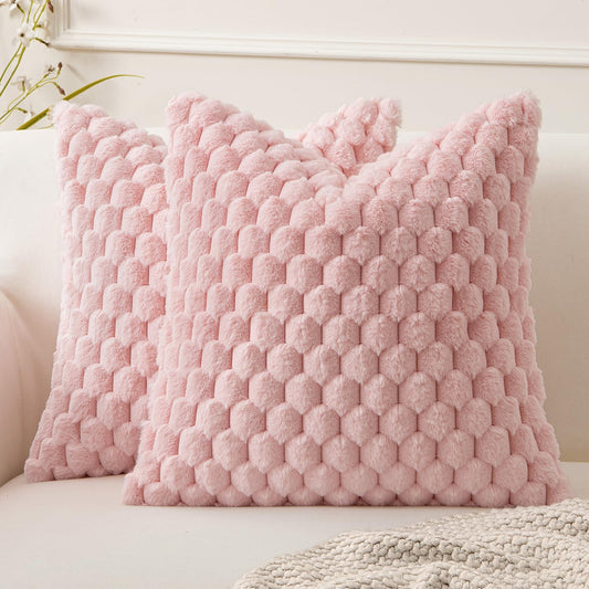 Pink Faux Fur Decorative Throw Pillow Covers 18X18 Inch Set of 2 Super Soft Cozy Plush Cushion Cases Luxury Fluffy Pillowcases for Sofa Couch Bed Living Room