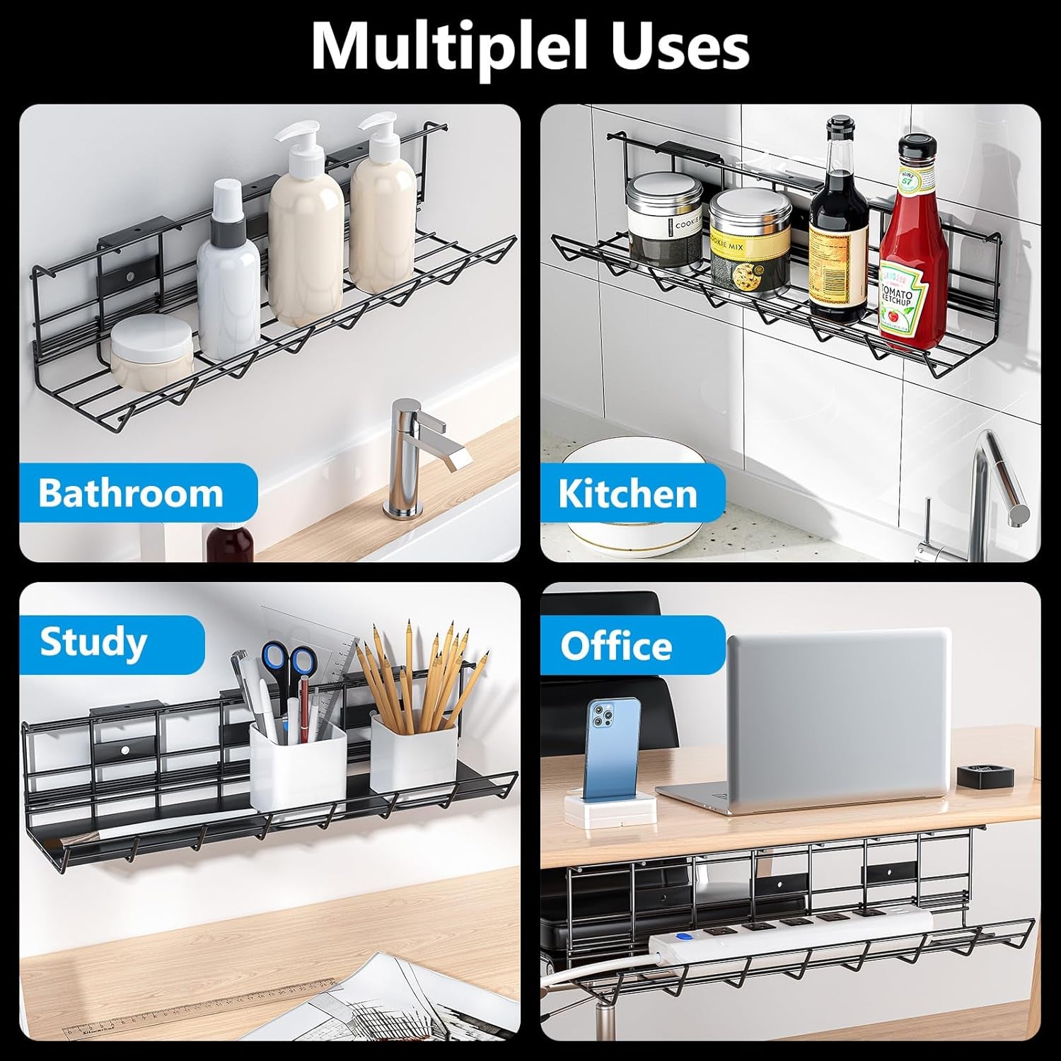 2 Pack  under Desk Cable Management Tray, Metal Cord Cable Organizer for Desk, Easy Install Pre-Drilled Wire Management Wire Organizer for Office & Home
