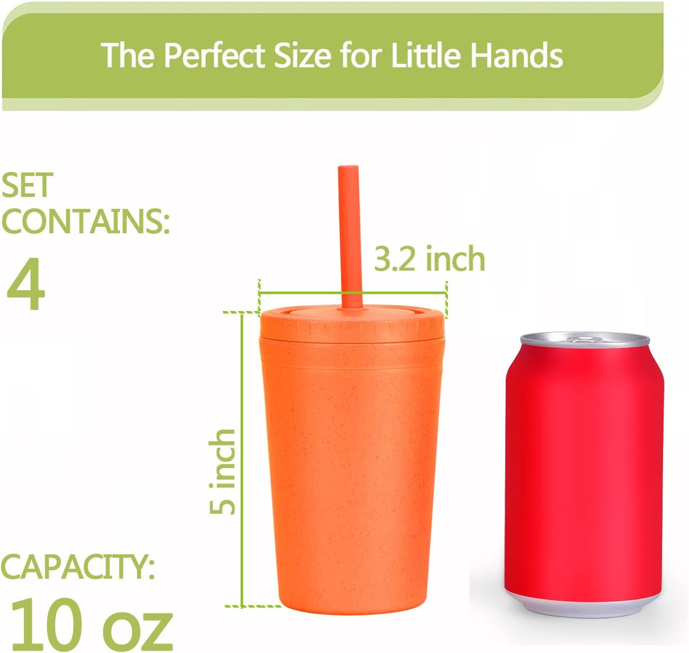 Reusable Wheat Straw Cups with Lids and Silicone Straws, 10 Oz Chip Resistant E-Co Friendly Small Water Cups for Milk, Drinks, Smoothies - 4 Colors