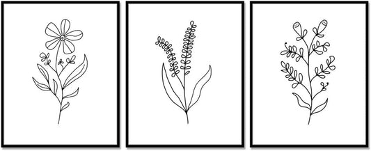 Minimal Line Botanical Prints, Flower Line Art Prints, Set of 3, Gallery Wall Art, Botanical Prints, Wild Flowers Art, Floral Line Art, Minimal Floral Decor, 11X14Inch Unframed