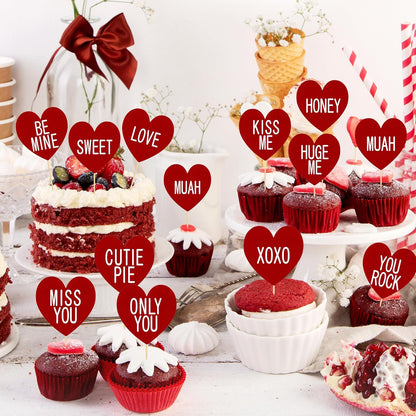 24 PCS Valentines Cupcake Toppers, 4.53 in Conversation Red Cake Toppers, "LOVE" "KISS ME" Design Heart Cupcake Toppers Valentines Day Cake Toppers, Wedding Cake Decor Valentine Cupcake Decorations