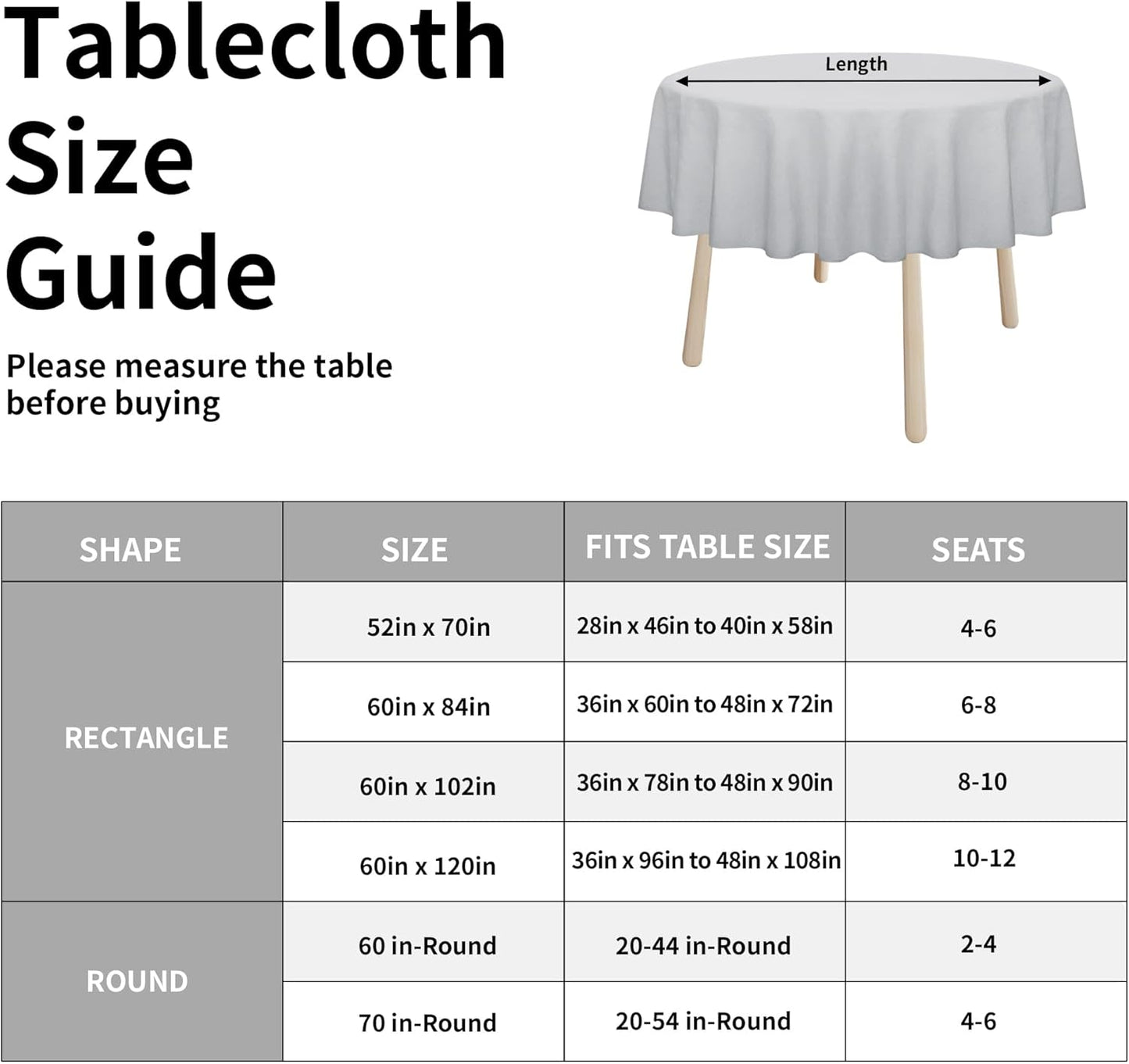 Faux Linen Waterproof Spill-Proof Tablecloth Stain Resistant round Table Cloth Wrinkle Free Decorative Fabric for Kitchen, Dining, Party, Weddings, Restaurants (70 In-Round, Grey)