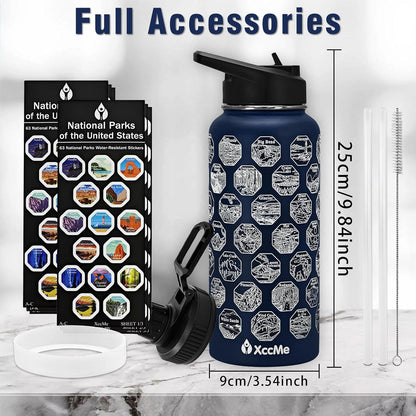 National Parks Water Bottle with Stickers,32 Oz Stainless Steel Insulated Water Bottle with Straw,2 Lids,Leak Proof Metal Water Cup for Hiking,Travel,Sports,Camping,Wide Mouth Bottle