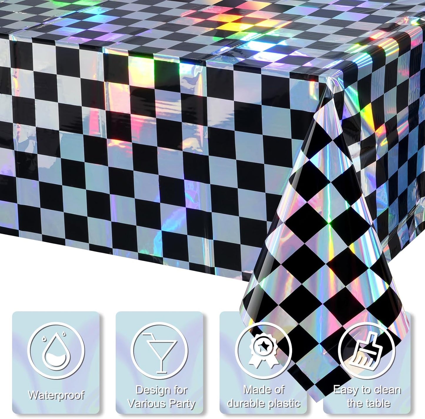 3Pack Black and Iridescent Checkered Plastic Tablecloth, Shiny Disposable Laser Rectangle Table Covers, Holographic Foil Tablecloth Iridescent Party Decorations for Picnic Camping Race Car, 54X108Inch