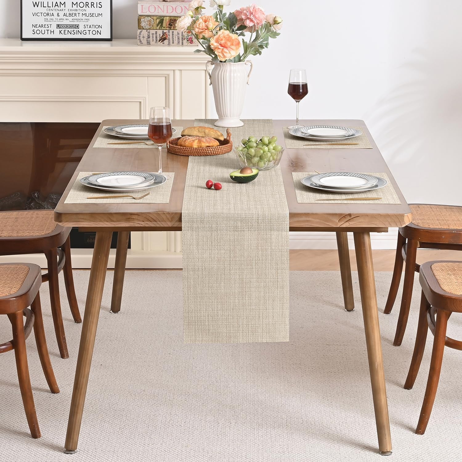 Beige Table Runner and Placemats Set of 5, Heat Resistant Non-Slip Place Mats for Dining Table, Washable Durable PVC Vinyl Woven Table Runner Set