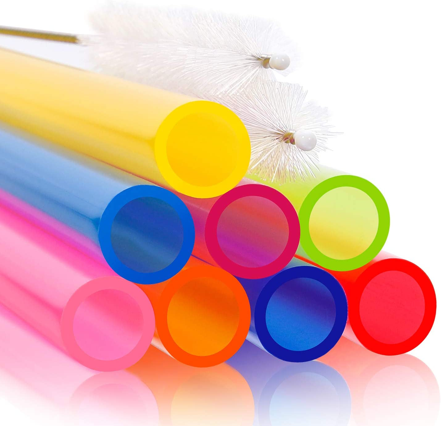 [Angled Tips] 8 Pcs Reusable Boba Straws & Smoothie Straws - Multi Colors Jumbo Wide Reusable Straw, BPA FREE Food-Grade Plastic Straw for Bubble Tea(Tapioca, Boba Pearls), Milkshakes with 2 Brushes