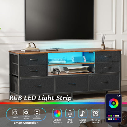 Rustic Brown and Black TV Stand Dresser with Power Outlets, LED Lighting, and 7 Drawers - 47 Inch Console