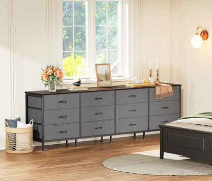 70-Inch Dark Grey Dresser and TV Stand for 65-80 Inch TVs, 12-Drawer Storage Organizer Unit for Bedroom and Living Room