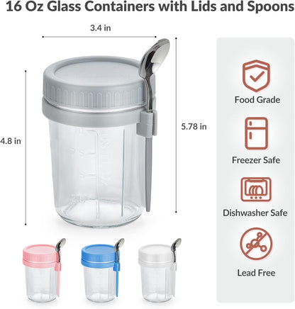 Set of 4 Leak-Proof 16 Oz Glass Mason Jars with Lids and Spoons for Overnight Oats, Cereal, Fruits, Vegetables, Milk, Salad, Yogurt, and Meal Prep