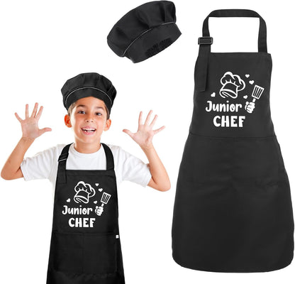 Kids Apron and Chef Hat Set, Funny Apron (Junior CHEF) Adjustable Child Apron with 2 Pockets Waterproof Chef in Training Gifts for Boys and Girls 64 X 45 Cm
