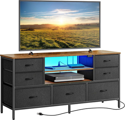 Rustic Brown and Black TV Stand Dresser with Power Outlets, LED Lighting, and 7 Drawers - 47 Inch Console