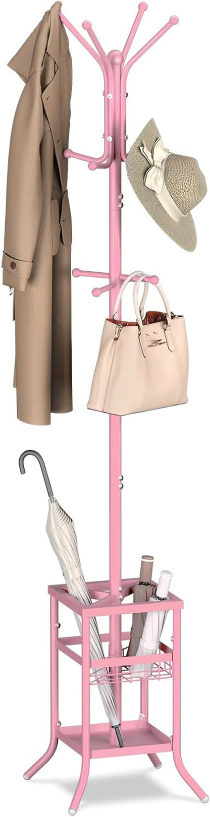 Coat Rack Freestanding, Coat Tree with Umbrella Holder, Metal Coat Rack Stand with 12 Hooks, Modern Coat Hanger Stand for Entryway, Purse Rack Hat Rack Stand for Living Room Bedroom Office