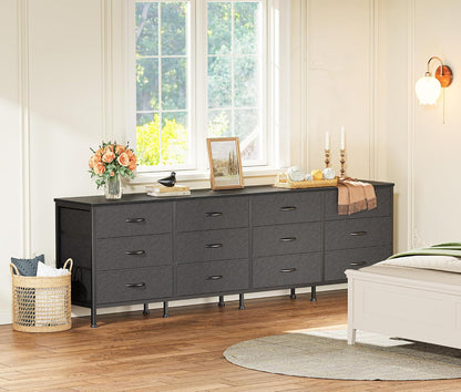70-Inch Black Dresser and TV Stand for 65-80 Inch TVs with 12 Fabric Drawers - Wide Storage Chest for Bedroom and Living Room