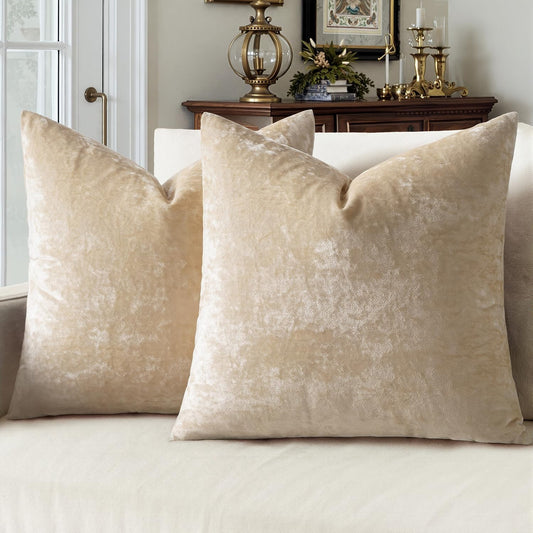 Velvet Throw Pillow Covers Set of 2, Soft Neutral Decorative Pillow Cases with Luxurious Textured Vintage Cushion Covers for Home Decor Couch Sofa Bed,Beige 18X18 Inch