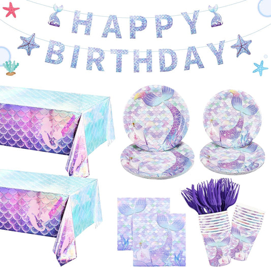 Mermaid Party Decorations, Mermaid Theme Party Supplies for 24 Guests, Disposable Mermaid Party Decorations Tableware Set, Plates, Napkins, Cups, Tablecloth with Banner