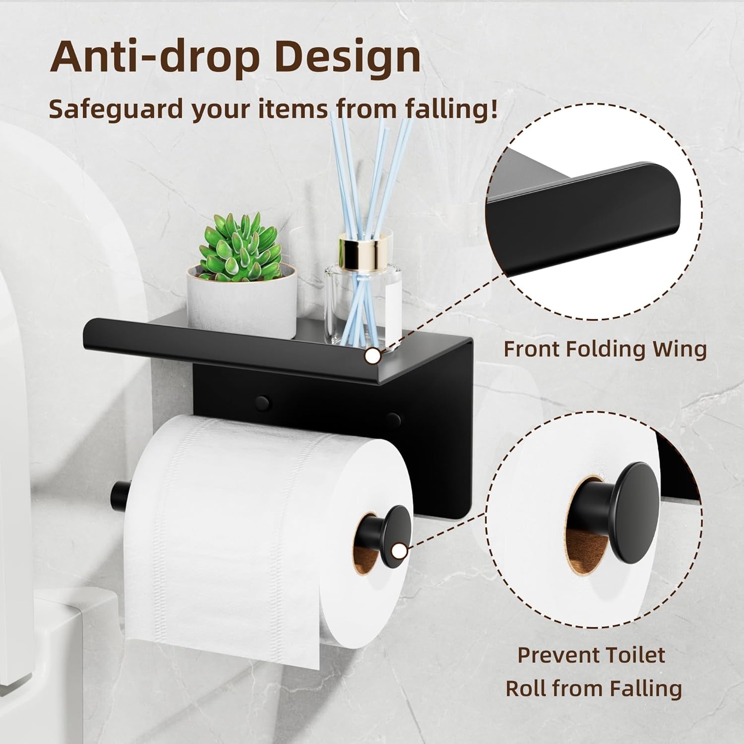Adhesive Toilet Paper Holder with Phone Shelf, Wall Mounted Toilet Paper Roll Holder, Rustproof Bathroom Tissue Roll Holder with Shelf, Sticky Toilet Paper Roll Holder- Matte Black…