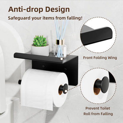 Adhesive Toilet Paper Holder with Phone Shelf, Wall Mounted Toilet Paper Roll Holder, Rustproof Bathroom Tissue Roll Holder with Shelf, Sticky Toilet Paper Roll Holder- Matte Black…