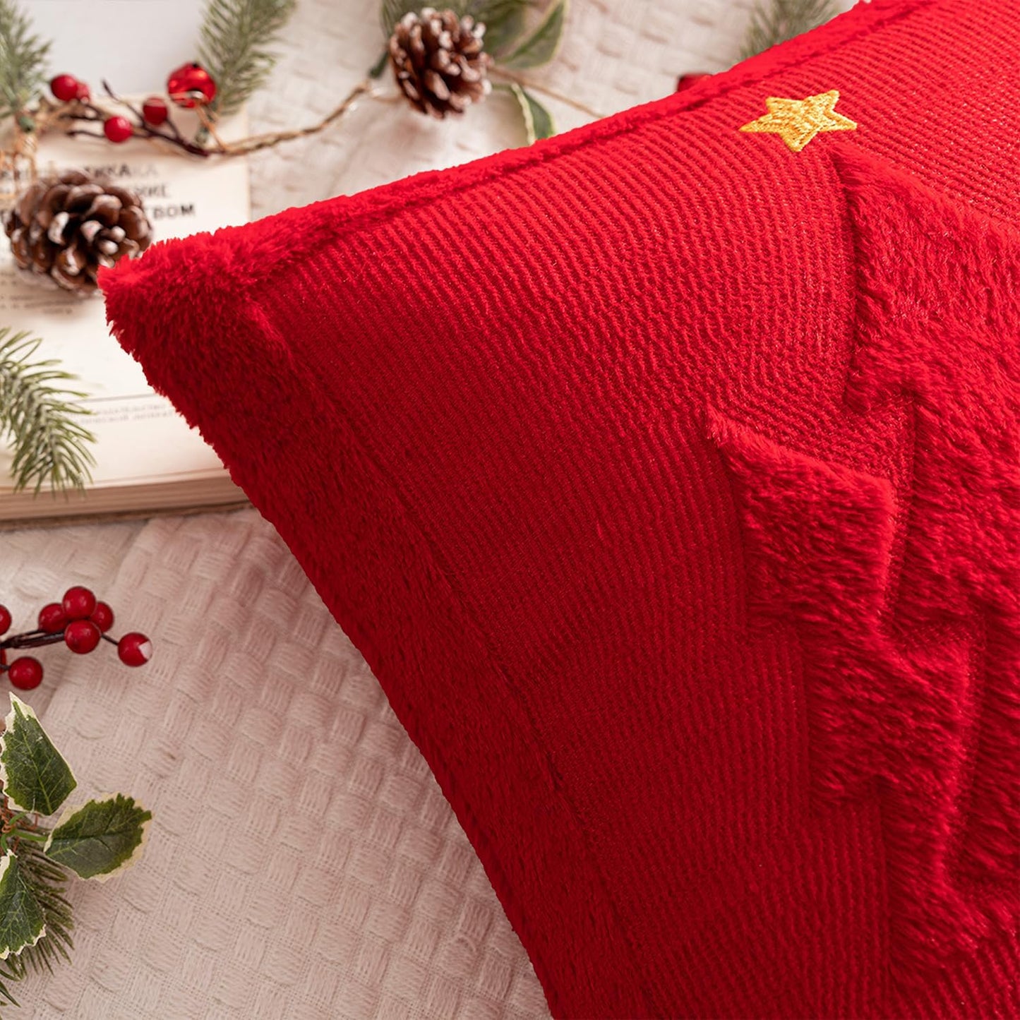 Christmas Trees Pillow Covers Set of 2 Decorative Soft Throw Pillows Plush Faux Fur Wool Embroidered Couch Cushion for Holiday Winter Home Decor Chair Sofa Bedroom Living Room,Red 18X18Inch