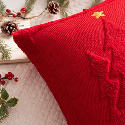 Christmas Trees Pillow Covers Set of 2 Decorative Soft Throw Pillows Plush Faux Fur Wool Embroidered Couch Cushion for Holiday Winter Home Decor Chair Sofa Bedroom Living Room,Red 18X18Inch