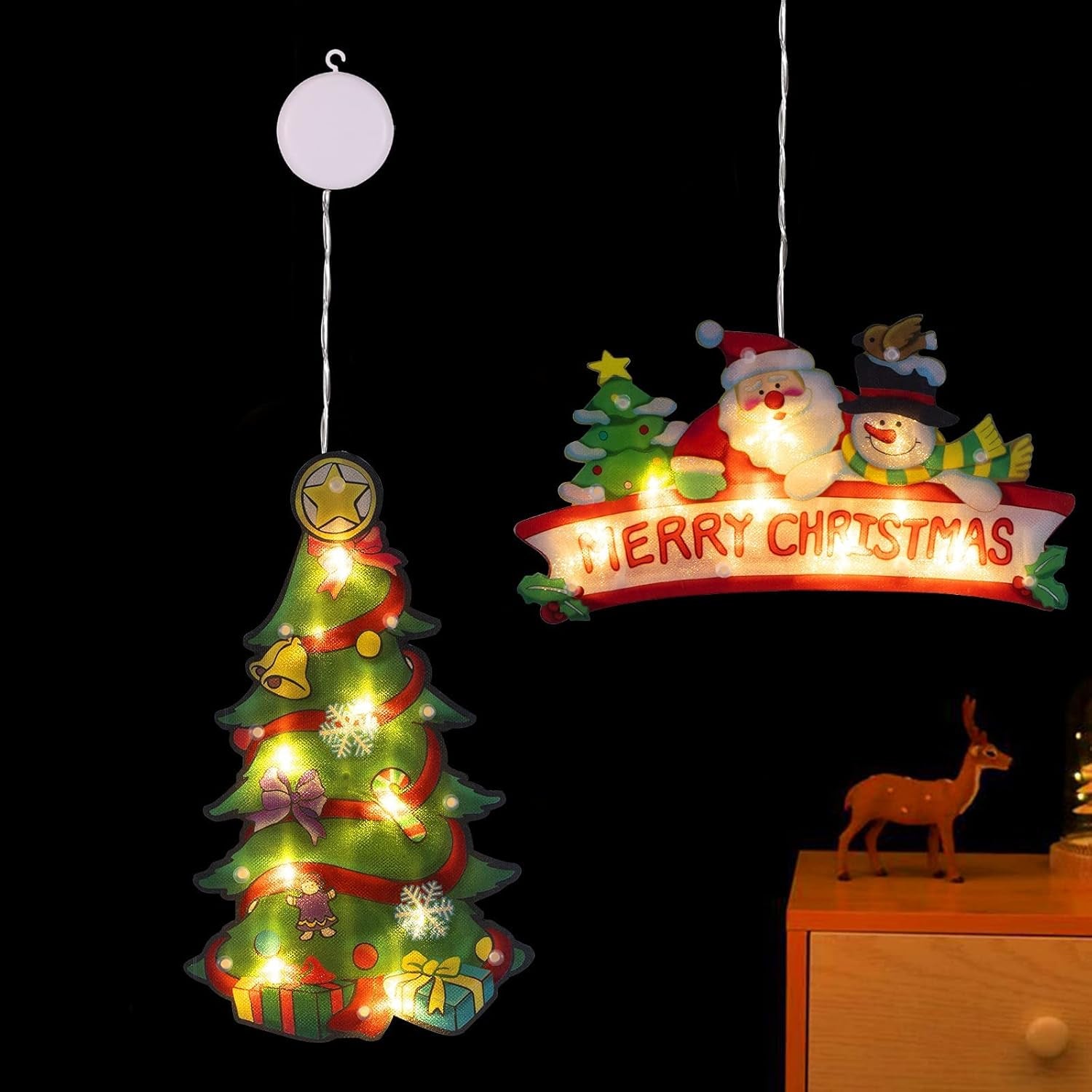 2 PCS Lighted Christmas Window Silhouette Decoration Light up Christmas Tree Merry Christmas Battery Operated with Suction Cup Hook 3M Sticker for Window Christmas Glass Wall Indoor Decorations