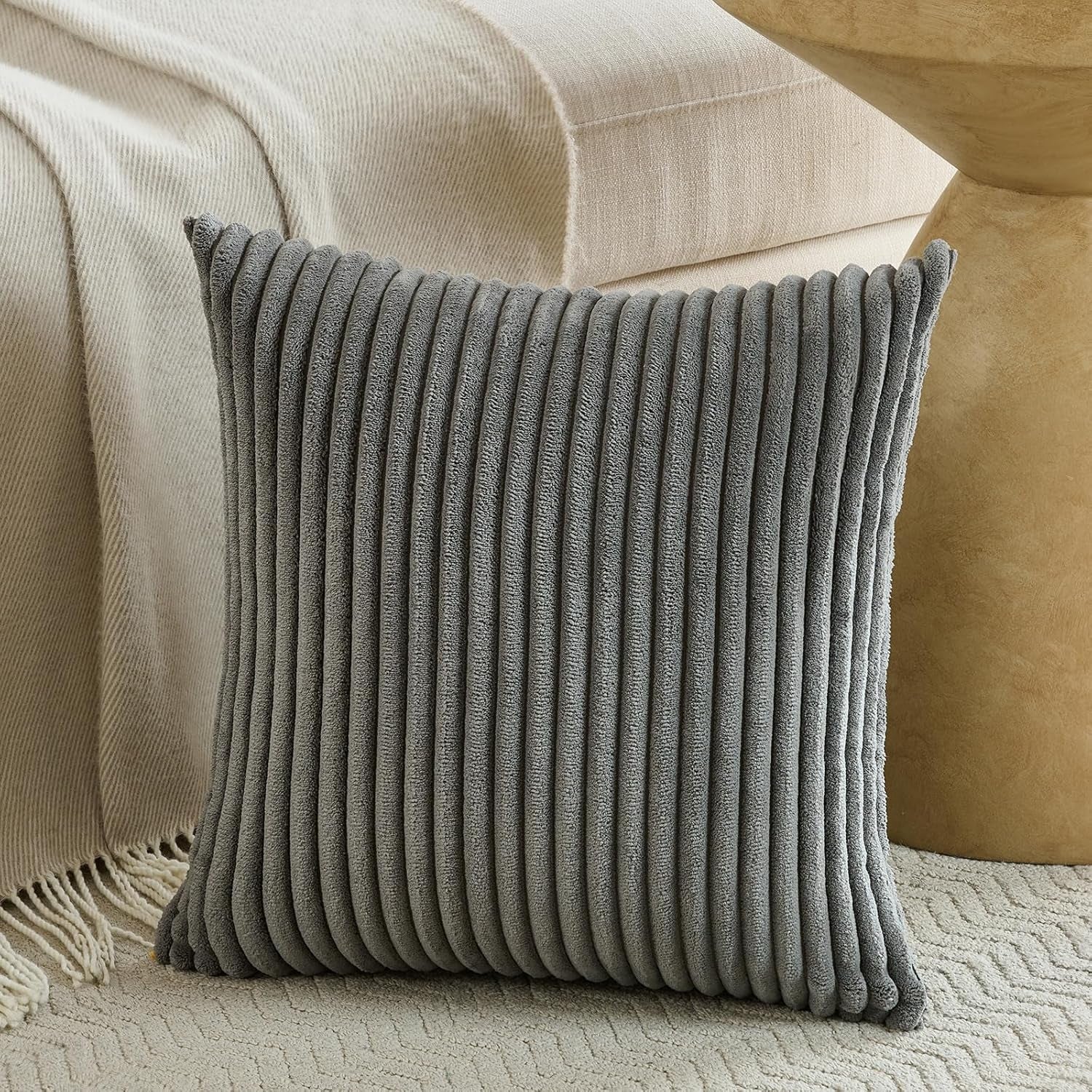 Set of 2 Dark Gray Boho Decorative Throw Pillow Covers 16X16 Inch for Couch Bed Sofa, Aesthetic Modern Bohemian Room Decor, Soft Fuzzy Fluffy Cozy Corduroy Textured Cushion Case 40X40Cm