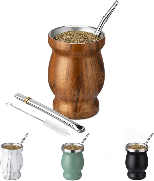 8Oz Yerba Mate Cup, 304 Stainless Steel Double-Wall Mate Cup, Heat Insulation Yerba Mate Gourd, Tea Cup Set Includes Cleaning Brush & 2 Bombillas (Wood)