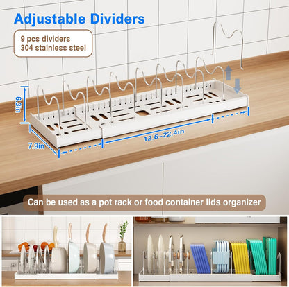 Pots and Pans Organizer under Cabinet, 22" Expandable Food Storage Container Lid Organizers with 9 Adjustable Dividers Pot and Pan Lid Holders Rack inside Cabinet/Countertop(1 Pack, White)