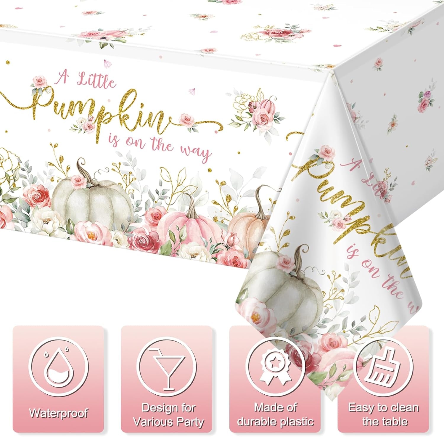 3Pcs 108X54Inch a Little Pumpkin Is on the Way Plastic Tablecloths, Floral Baby Girl Shower Tablecloth, Disposable Table Cover for Fall Baby Shower Gender Reveal Party Decorations