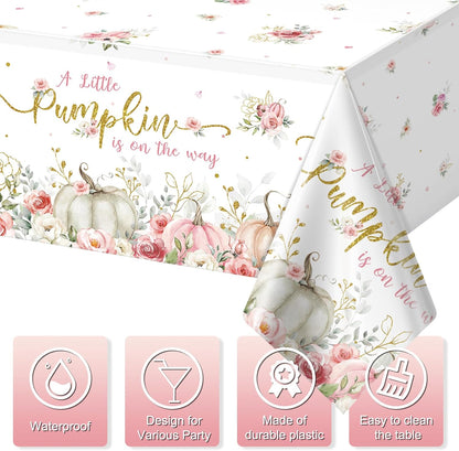 3Pcs 108X54Inch a Little Pumpkin Is on the Way Plastic Tablecloths, Floral Baby Girl Shower Tablecloth, Disposable Table Cover for Fall Baby Shower Gender Reveal Party Decorations