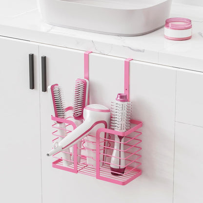 Pink Hair Dryer Holder - 3-Section Organizer for Hair Tools, Wall-Mounted/Cabinet Door Straightener Holder, Adjustable Height Metal Dryer and Curling Iron Organizer