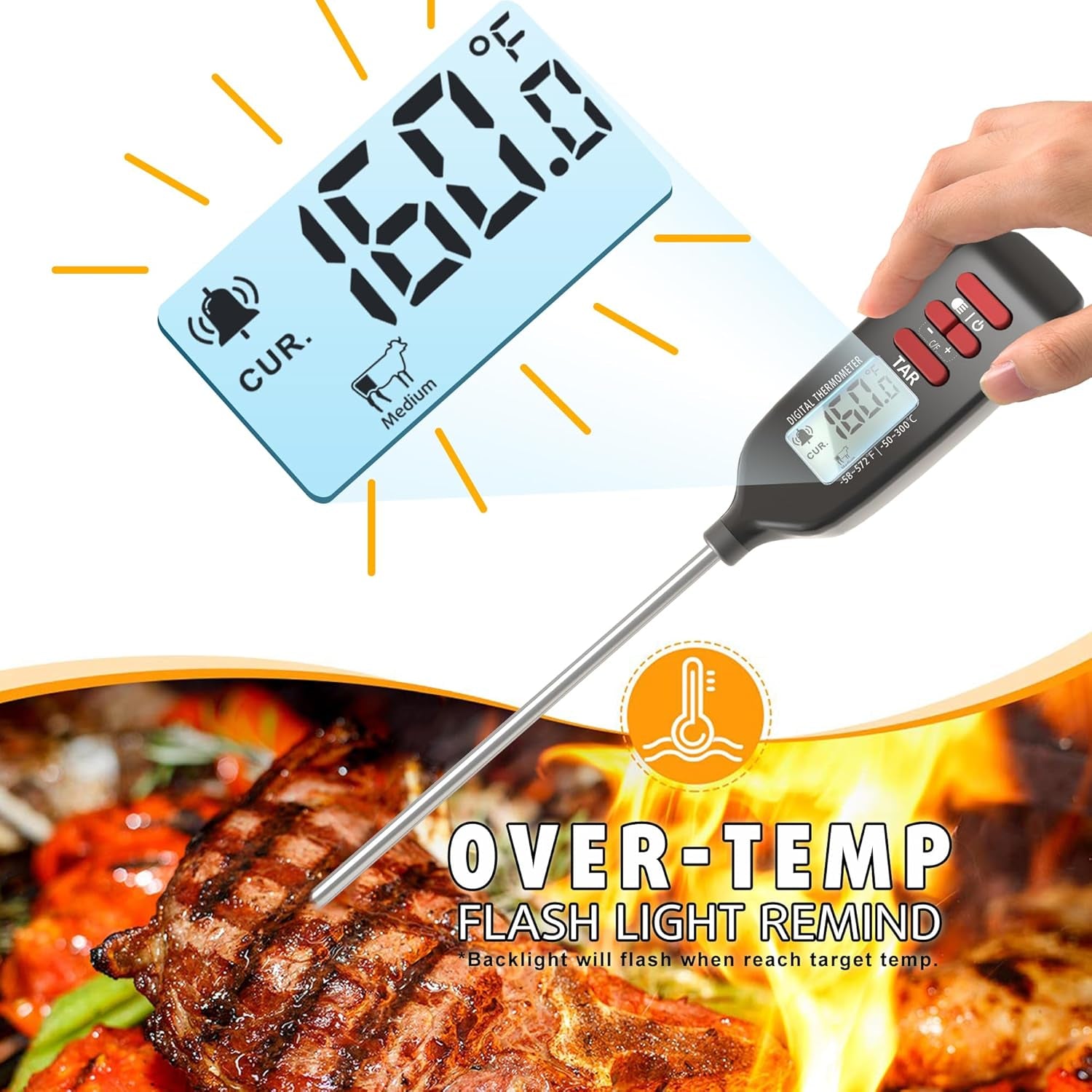 Meat Thermometer Digital, Smart Instant Read Food Thermometer with Super Long Probe for Cooking Grilling Baking Kitchen Candy BBQ Oil Liquid, Backlit Display, Battery Included