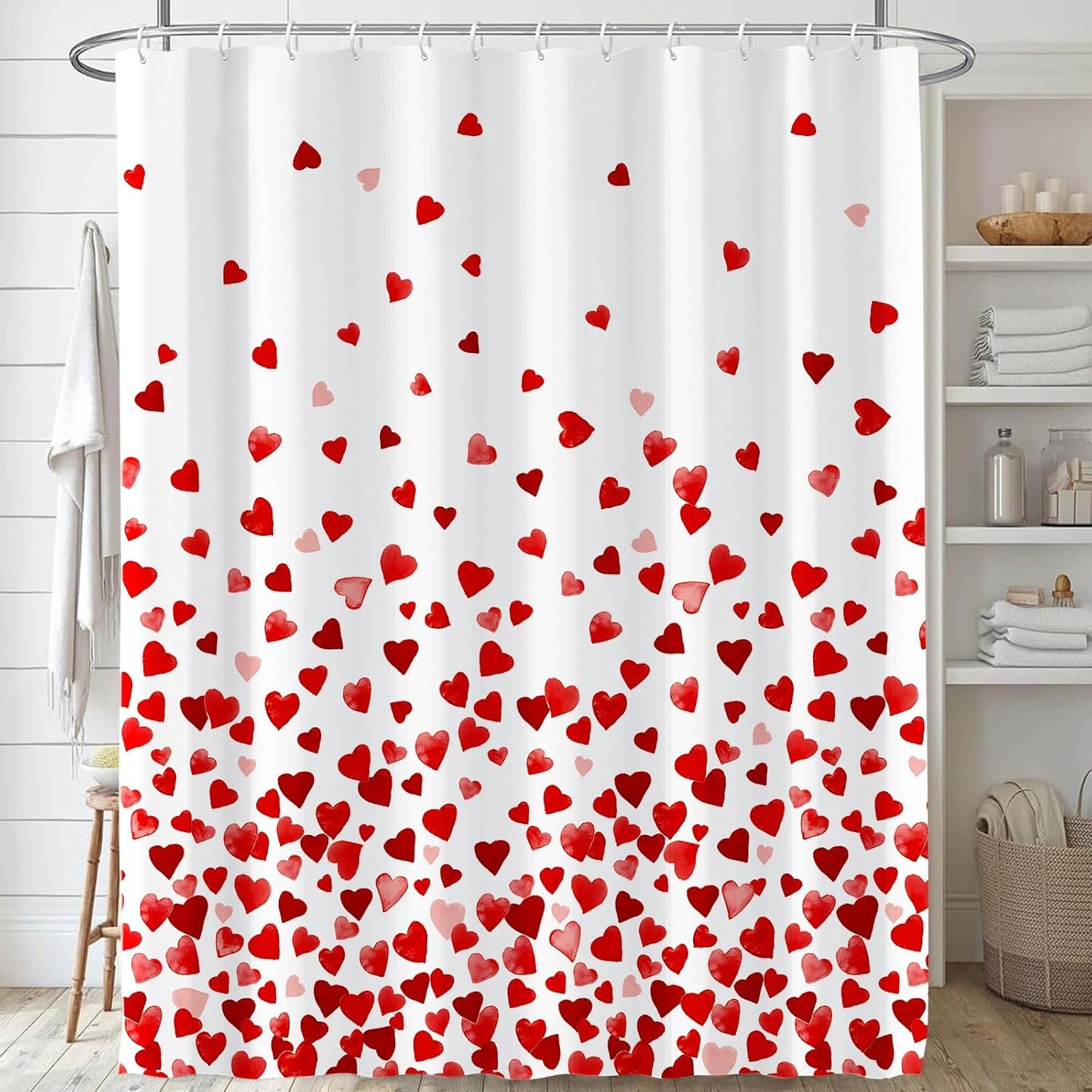 71 X 71 Inches Valentines Shower Curtain Bottom with Pink and Red Love Heart Romantic Bathroom Curtain Waterproof Polyester Curtain Hooks Set for Valentine'S Bathroom Decorations