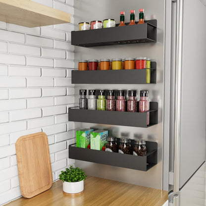 Magnetic Spice Rack for Refrigerator，Fridge Organizer for Kitchen Organization and Storage, 4 Pack (Black) Metal Shelf with 8 Moveable Hooks