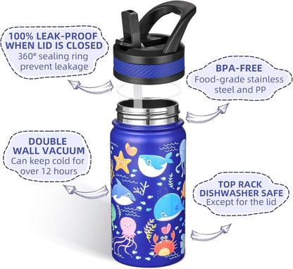 14 Oz Kids Insulated Water Bottle with Straw - Stainless Steel Double Wall Vacuum Cup, Leakproof, BPA Free, Suitable for Boys and Girls(Blue - Ocean)