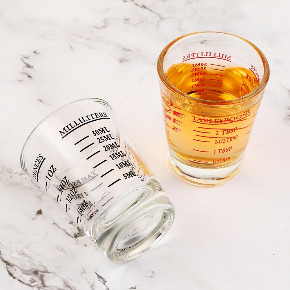 Set of 2 Shot Glasses - Heavy Glass, Perfect for Measuring Espresso, Wine, and More 26-Incremental Measurement 1Oz, 6 Tsp, 2 Tbs, 30Ml (2, Red+Black)