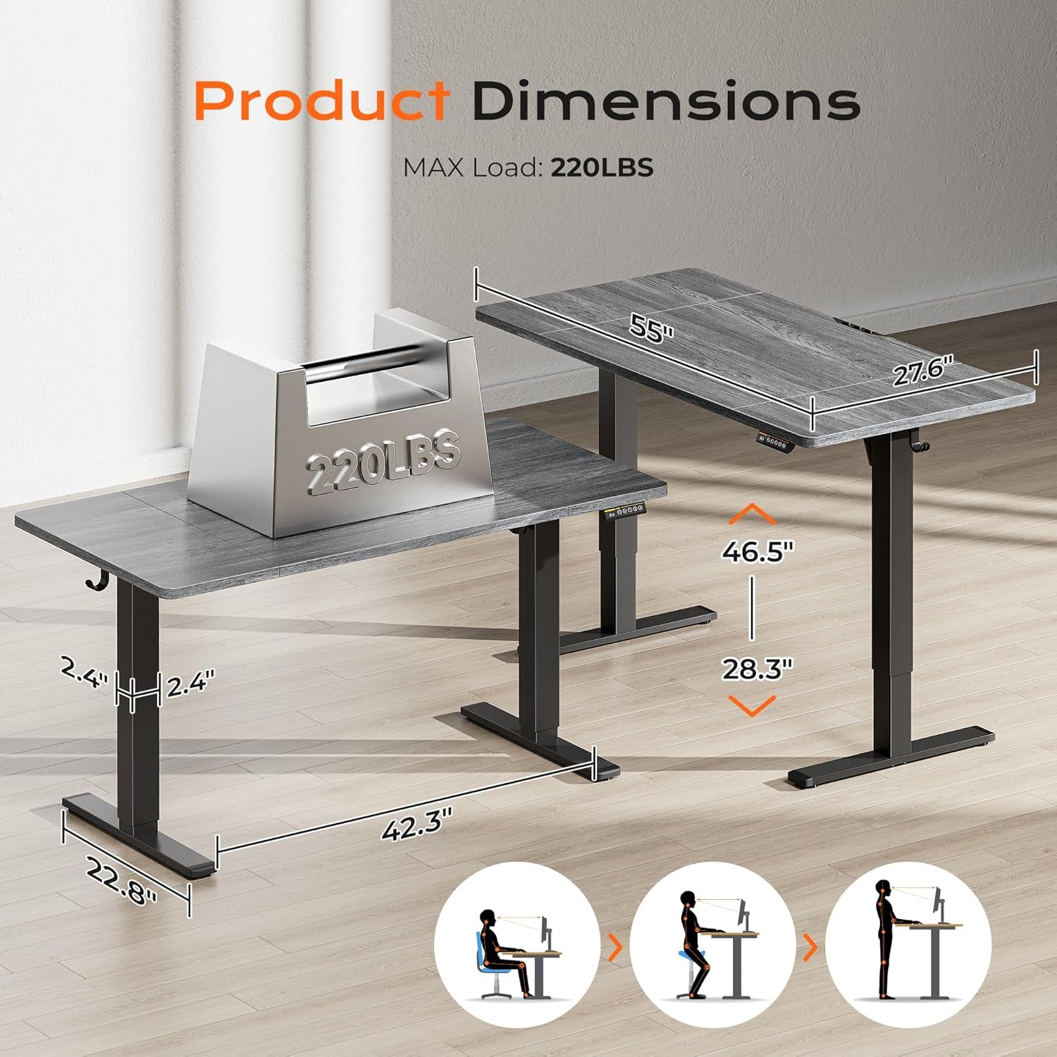 Large Electric Height Adjustable Standing Desk, 55" x 28", 27.6" Deep Desktop, Gaming and Office Desk with 2 Hooks and 3 Preset Heights, Grey Finish