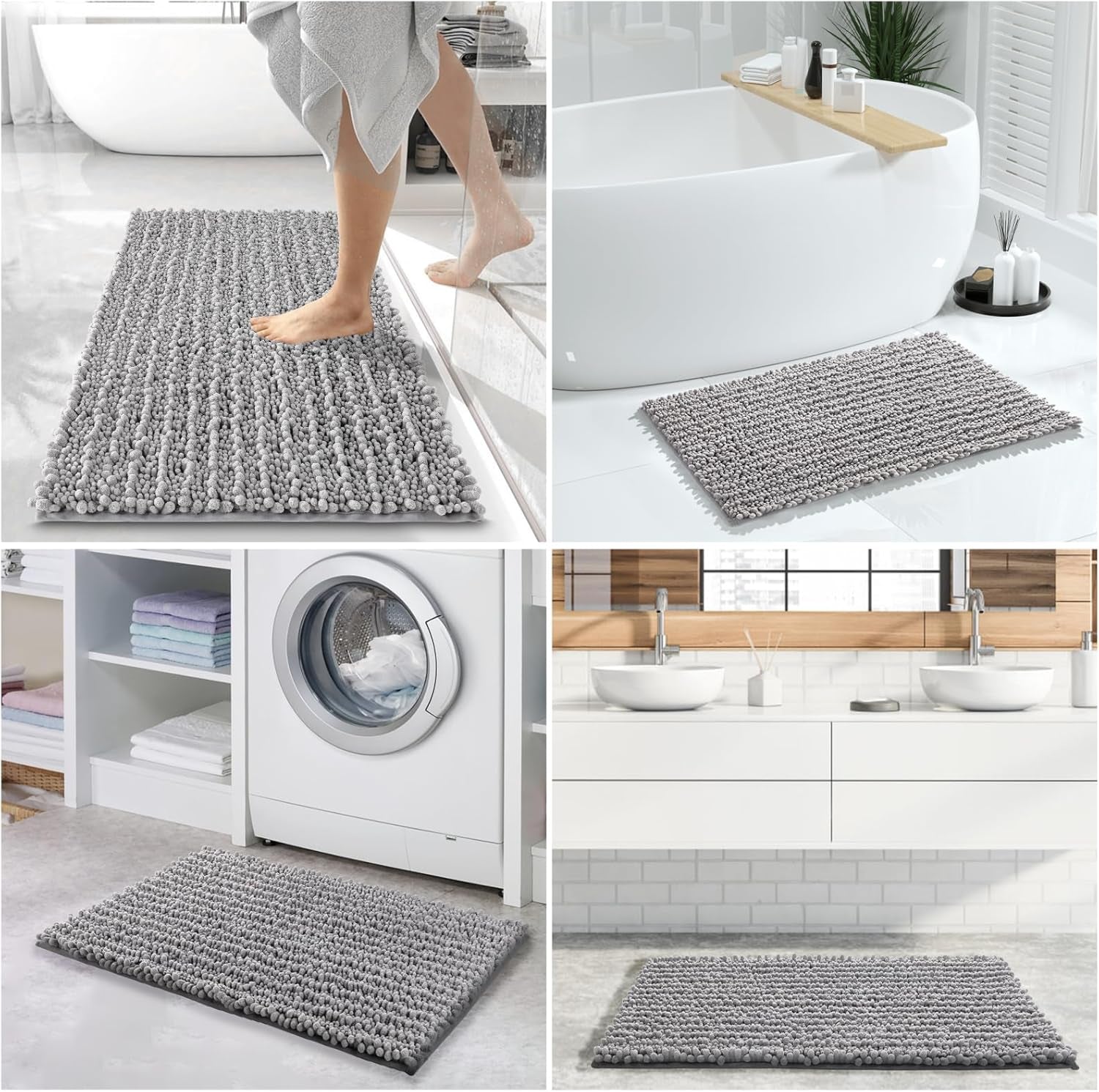 Bathroom Rugs Sets 2 Piece - Luxury Chenille Shaggy Bath Mat, Super Absorbent & Non Slip & Quick Dry, Soft Thick Bathroom Carpet for Tub Shower Floor, Machine Washable, 32X20+24X17 Inch, Grey