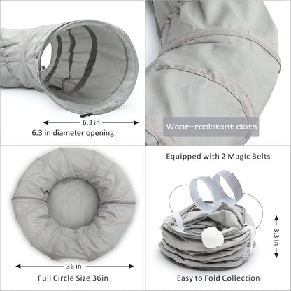 Cat Play Tunnel - round Cat Tunnel with Bed | Interactive Cat Toys for Indoor Cats Kitten Kitty Puppy Rabbit Ferret (Light Grey)