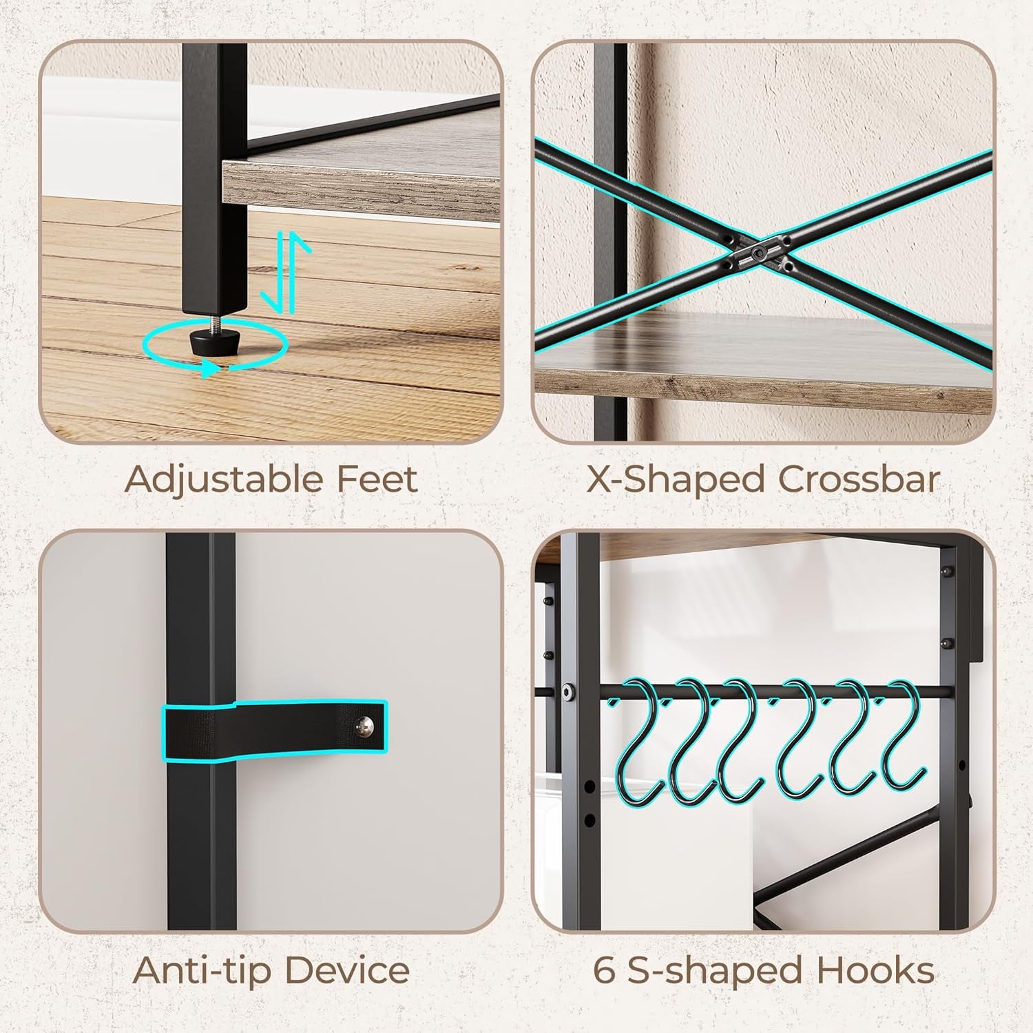 Professional Kitchen Bakers Rack with Power Outlet, Multi-Tier Coffee Bar Table, Microwave Stand, and Storage Shelf with S-Hooks - Greige