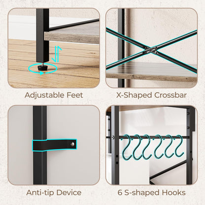 Professional Kitchen Bakers Rack with Power Outlet, Multi-Tier Coffee Bar Table, Microwave Stand, and Storage Shelf with S-Hooks - Greige