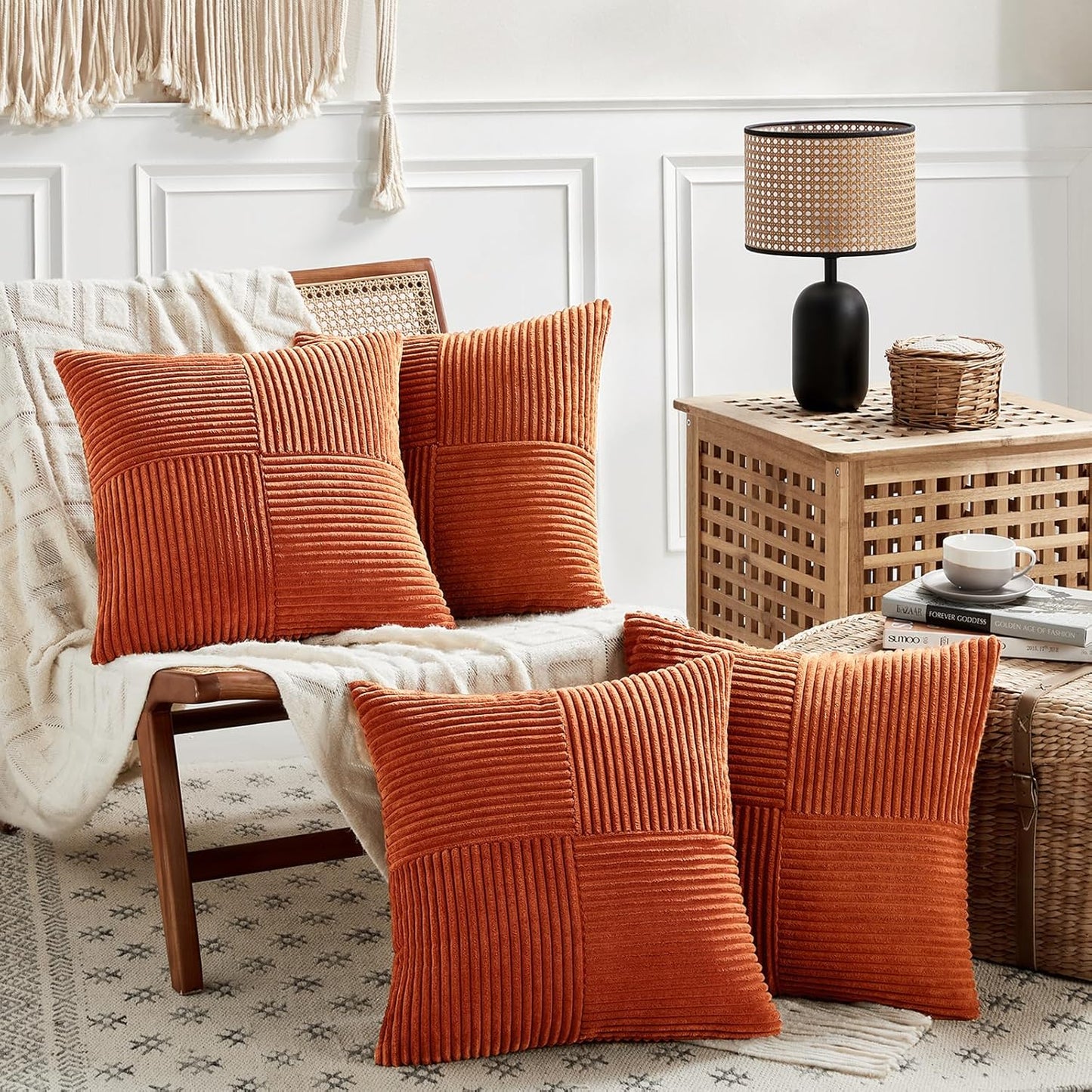 Set of 4 Burnt Orange Decorative Throw Pillow Covers 18X18 Inch for Living Room Couch Bed, Boho Farmhouse Fall Home Decor, Soft Textured Corduroy Cross Patchwork Cushion Case 45X45 Cm