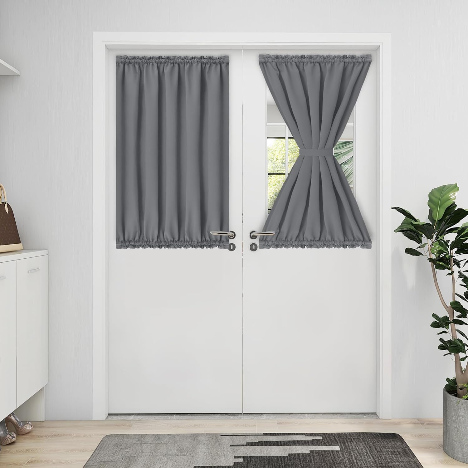 Blackout Door Curtains, Rod Pocket Privacy Light Filtering Sidelight Curtains French Door Curtains with Tieback, 1 Panel, 25X40 Inch, Gray