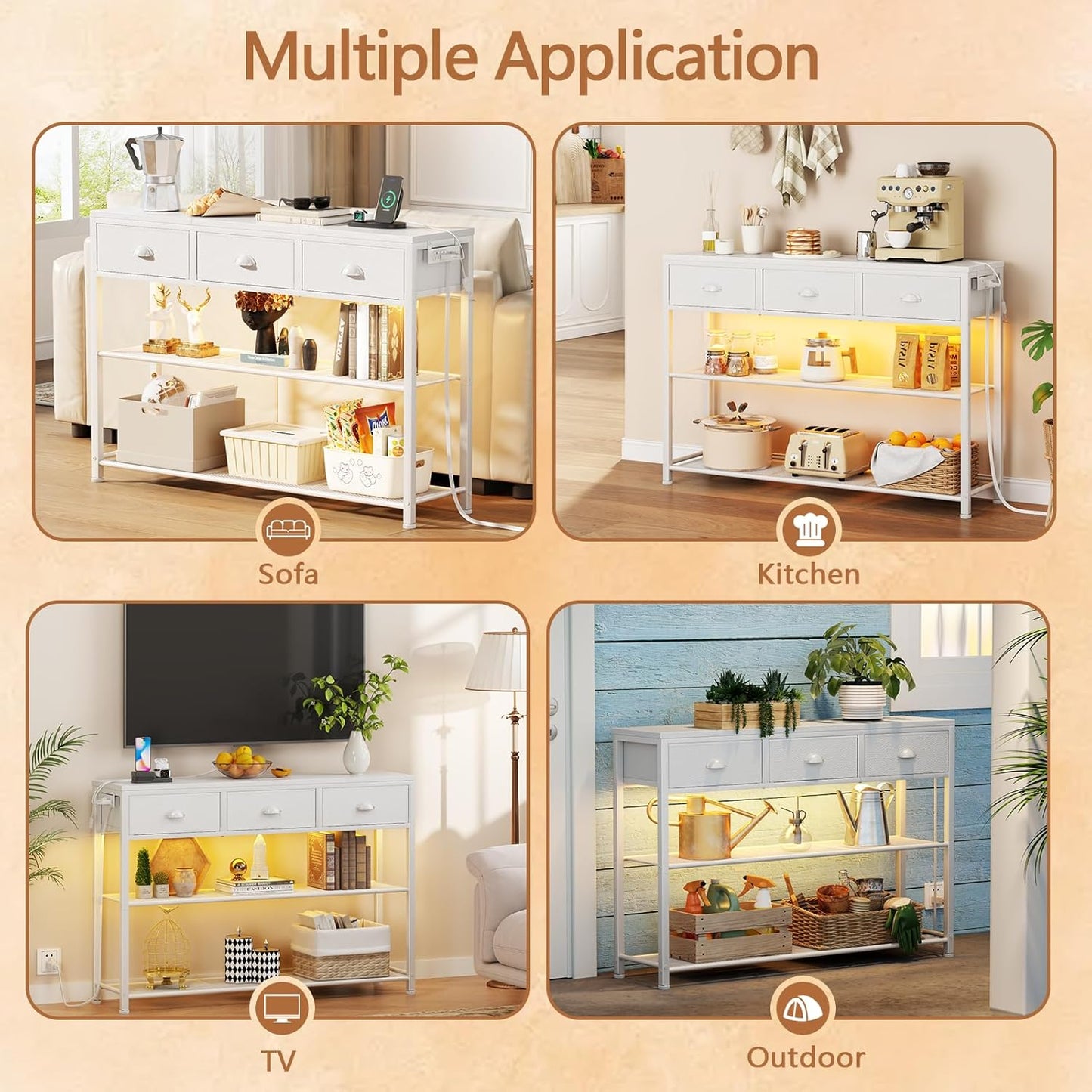 38In Console Table with 3 Drawers, Small Sofa Table with Lights and Power Outlets, Hallway Tables with 3-Tier Shelves, White Narrow Console Table for Entryway, Living Room, Couch, Foyer